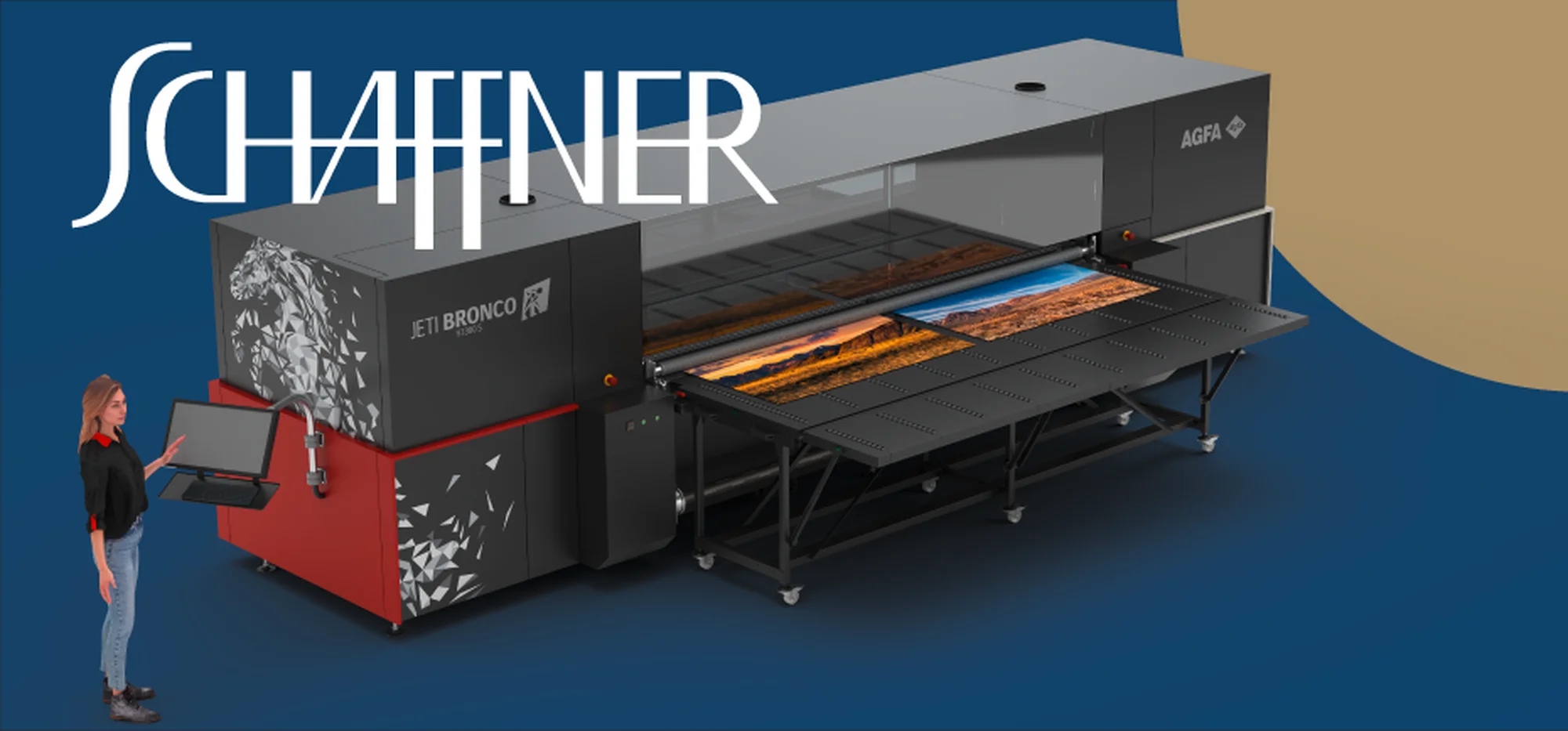 Schaffner AG zeigt Jeti Bronco von Agfa – industrielles Hybrid-Drucksystem mit Operator an der Konsole. Symbol für lokale Schweizer Expertise und automatisierte Druckproduktion.