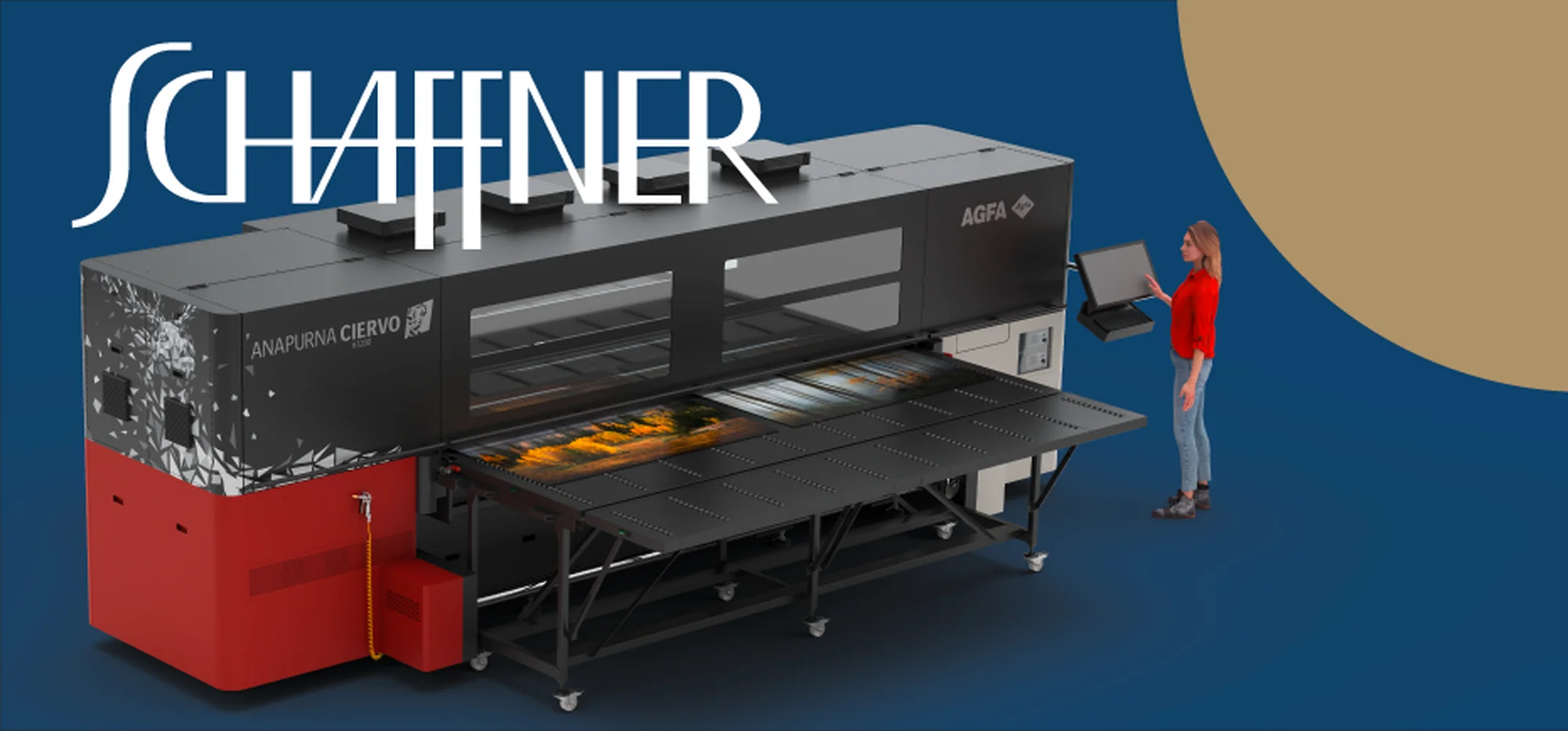 Schaffner AG zeigt Anapurna Ciervo von Agfa – hybrides Industriessystem mit Operator an der Konsole. Einstiegslösung für automatisierte Druckproduktion mit lokalem Support in der Schweiz.