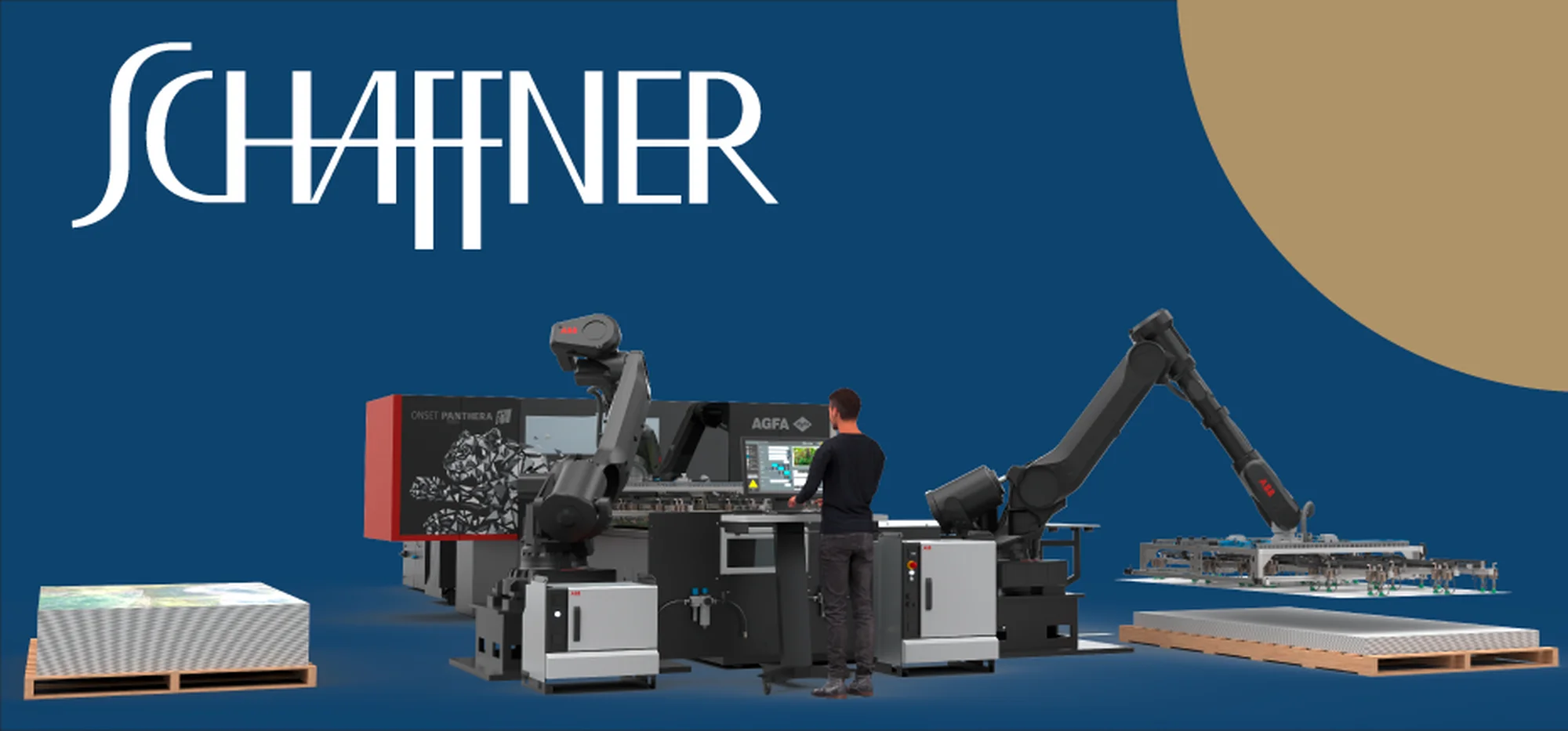 Agfa Onset Panthera mit Dual-Robotik Automatisierung. Operator steuert industrielle Flachbett-Produktion. Symbol für lokale Expertise und Prozesssicherheit in der Schweiz.