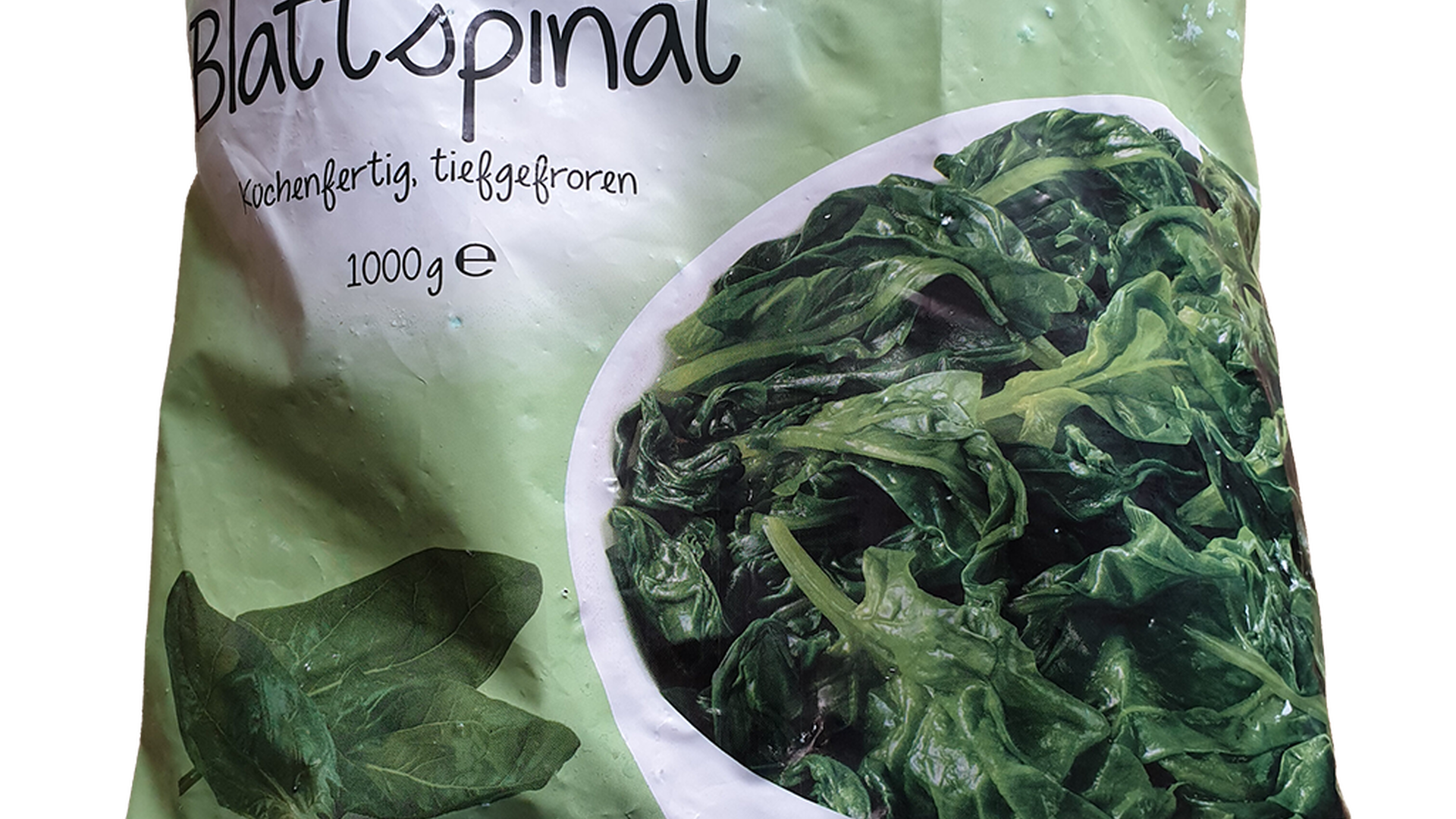 Gefrierbeutel „Blattspinat“ von All Seasons mit Foto von Spinatblättern und grüner Farbgestaltung.