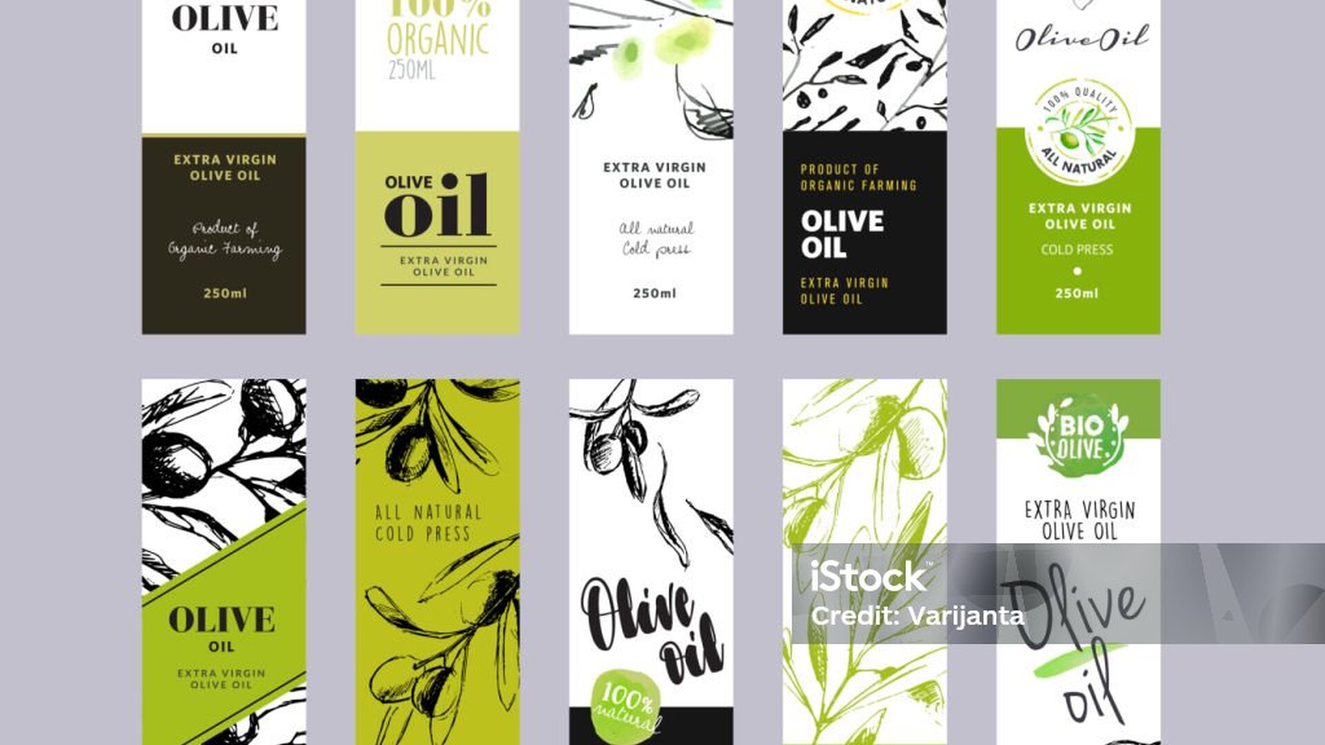 Zehn Etiketten für Olivenöl mit grünen, weißen und schwarzen Designs und illustrierten Olivenzweigen.