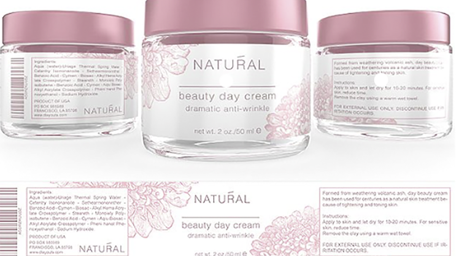 Gläser mit rosa Deckel und transparentem Etikett „Natural Beauty Day Cream“ mit floralen Linienzeichnungen.