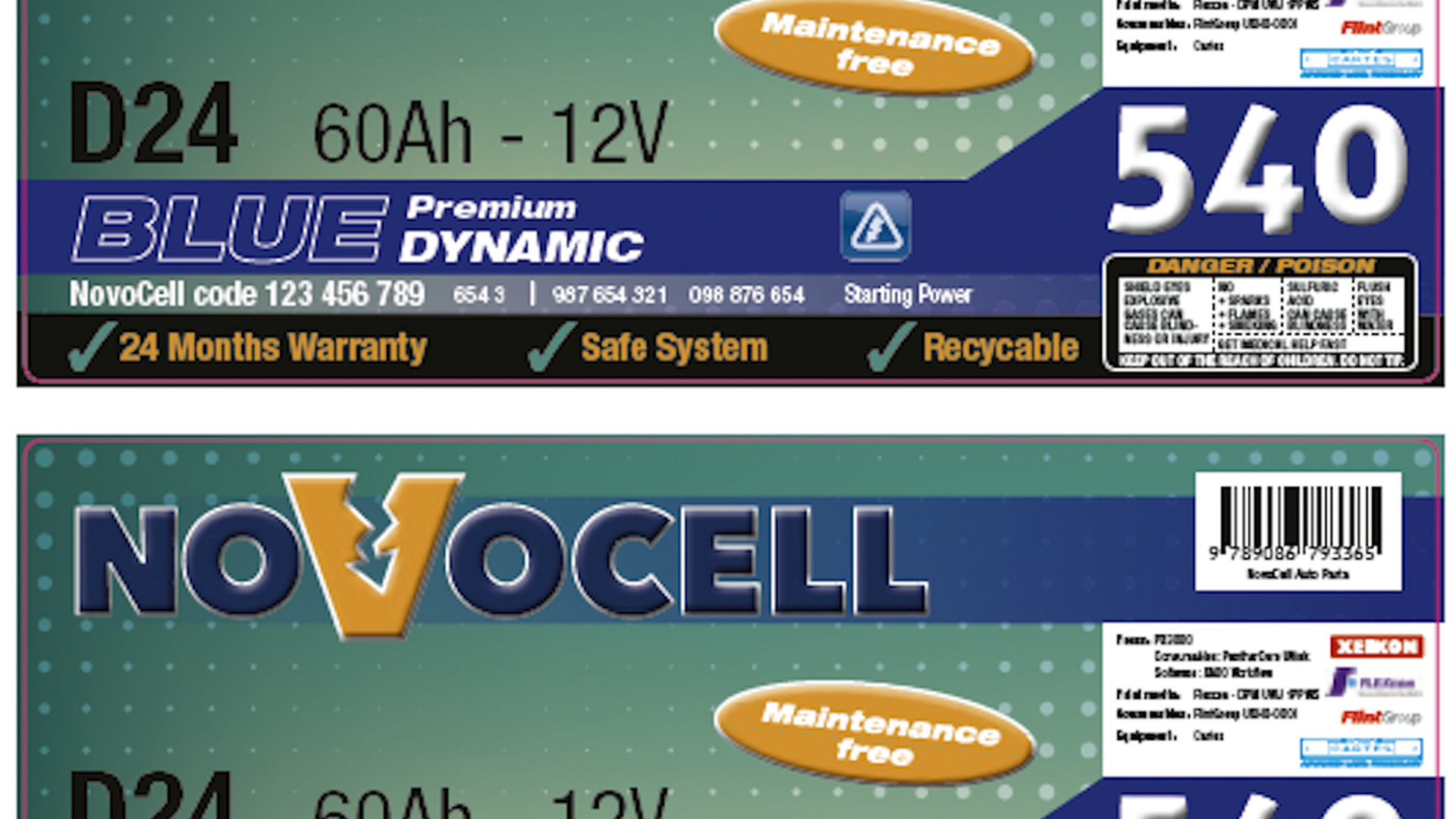 Etikett für Autobatterie „NovoCell Blue Premium Dynamic“ mit Leistungsdaten 60Ah – 12V und Warnhinweisen.