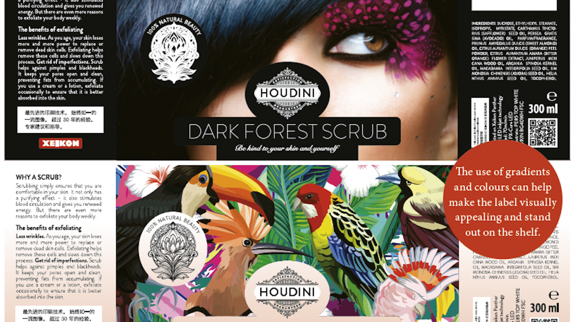 Zwei Etiketten für „Houdini Dark Forest Scrub“ und „Paradise Scrub“ mit Porträt- und Vogelmotiven, Produkttext und 300 ml-Angabe.