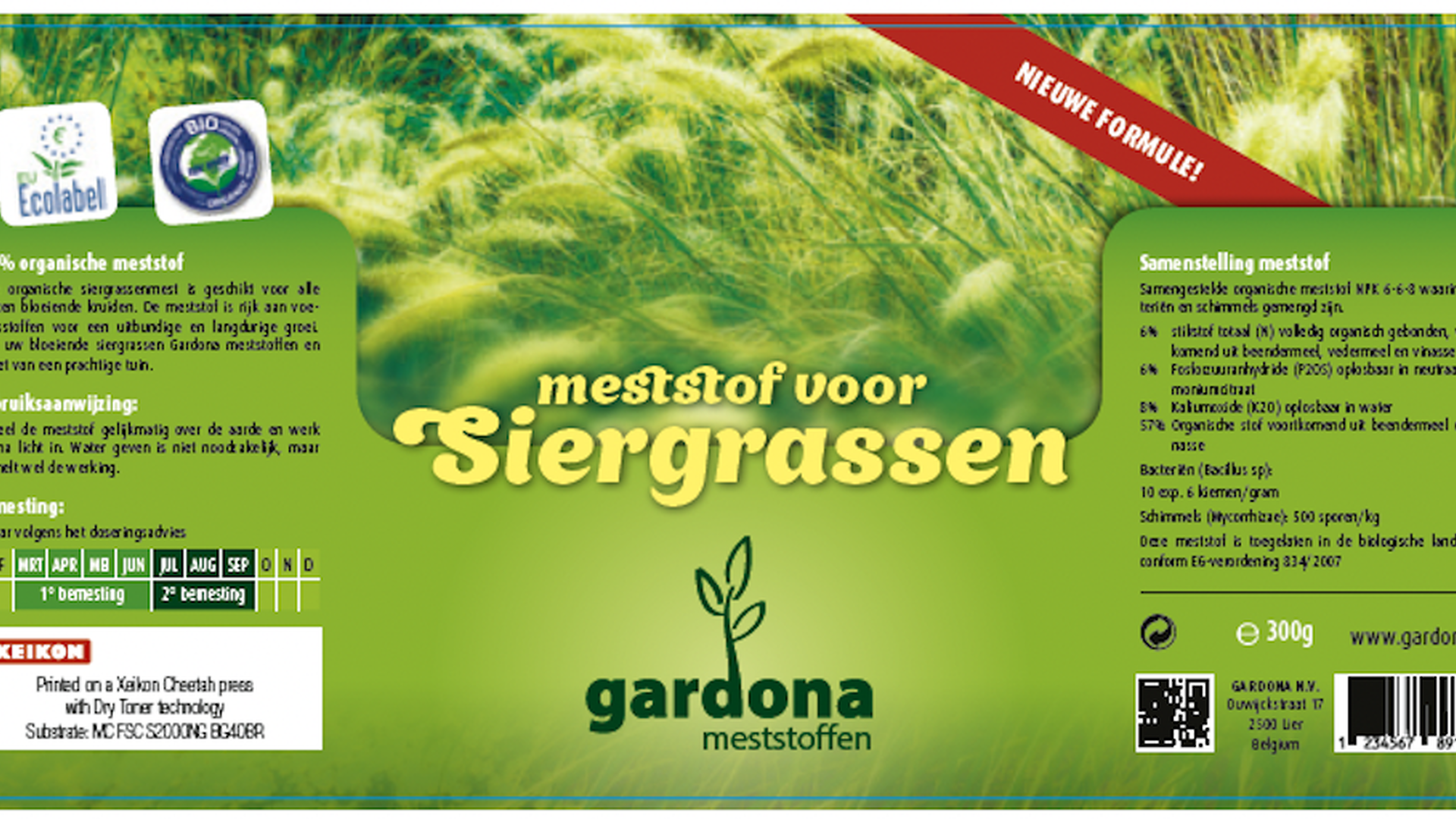Grünes Etikett für „Gardona“ Bio-Dünger mit Grasabbildung, Ecolabel-Siegel und Anwendungshinweisen.