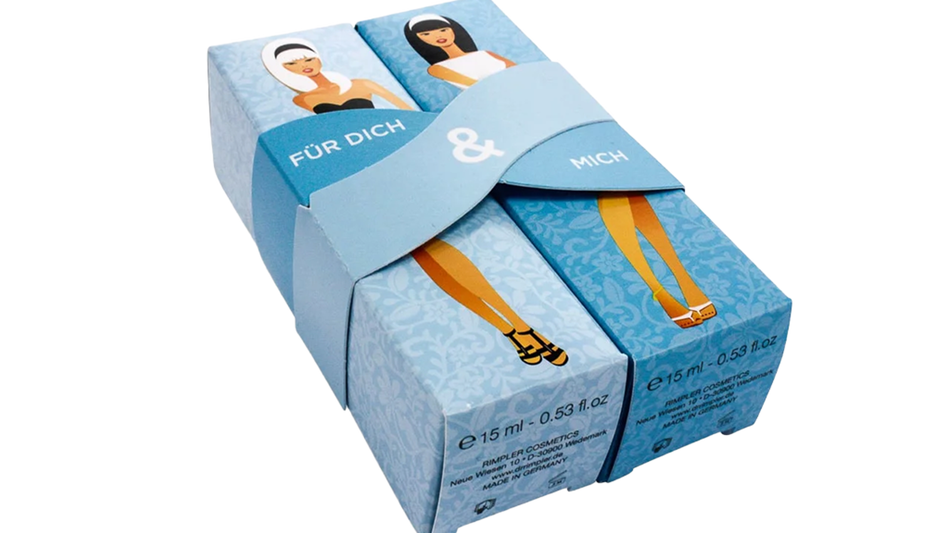 Zwei hellblaue Kosmetik-Faltschachteln mit Figurenillustrationen und Banderole „Für dich & mich“.