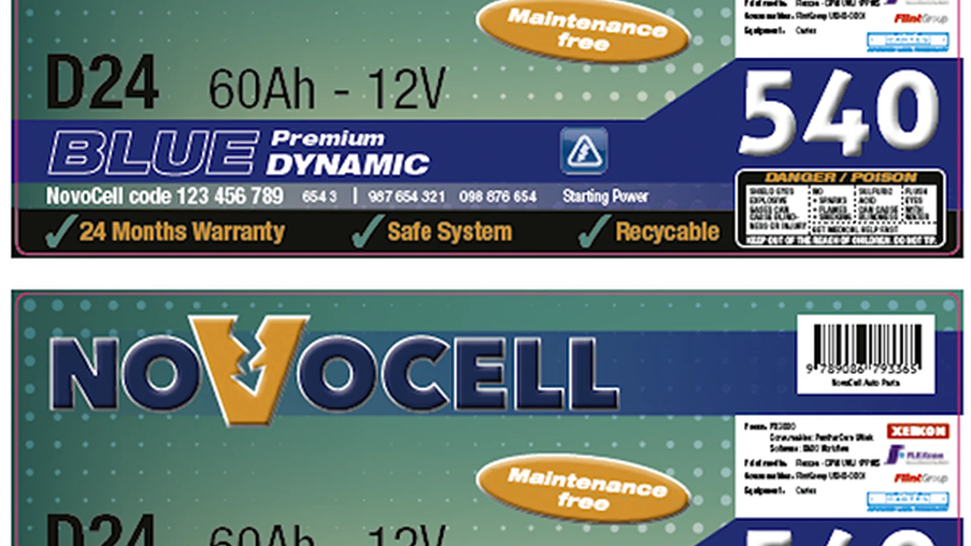 Etichetta per batteria auto “NovoCell Blue Premium Dynamic” con specifiche 60Ah – 12V e avvisi di sicurezza.