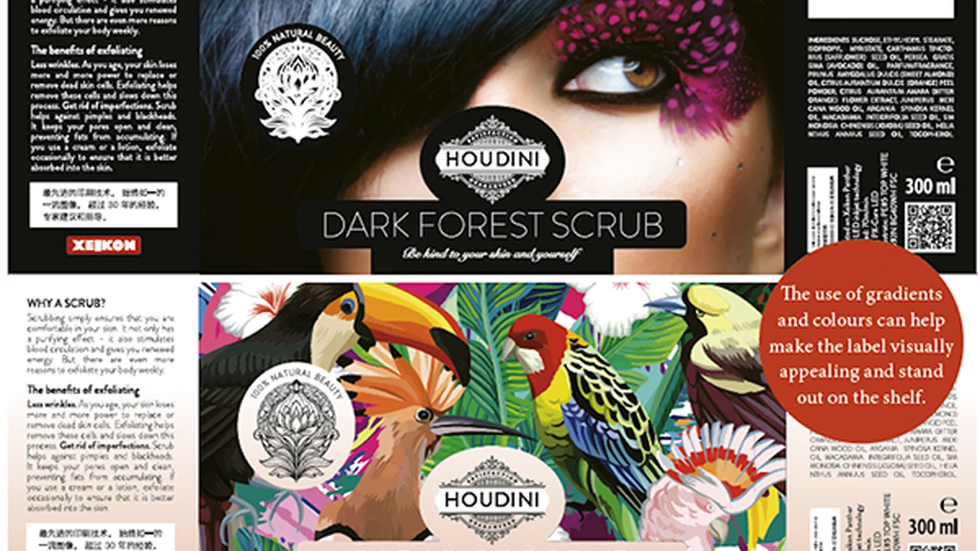 Due etichette “Houdini Dark Forest Scrub” e “Paradise Scrub” con ritratti e uccelli, testo del prodotto e indicazione 300 ml.