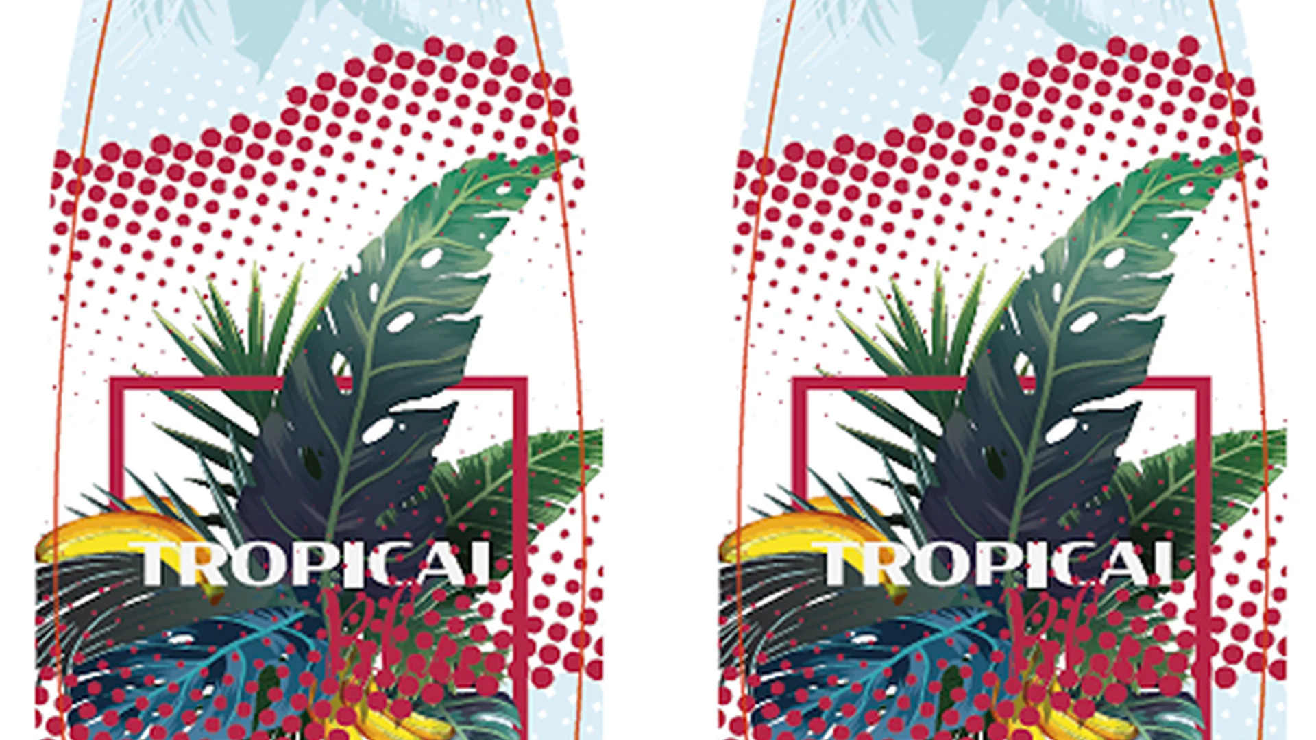 Due etichette per gel doccia “Barbados Tropical” con foglie verdi, motivi rossi e logo Xeikon.