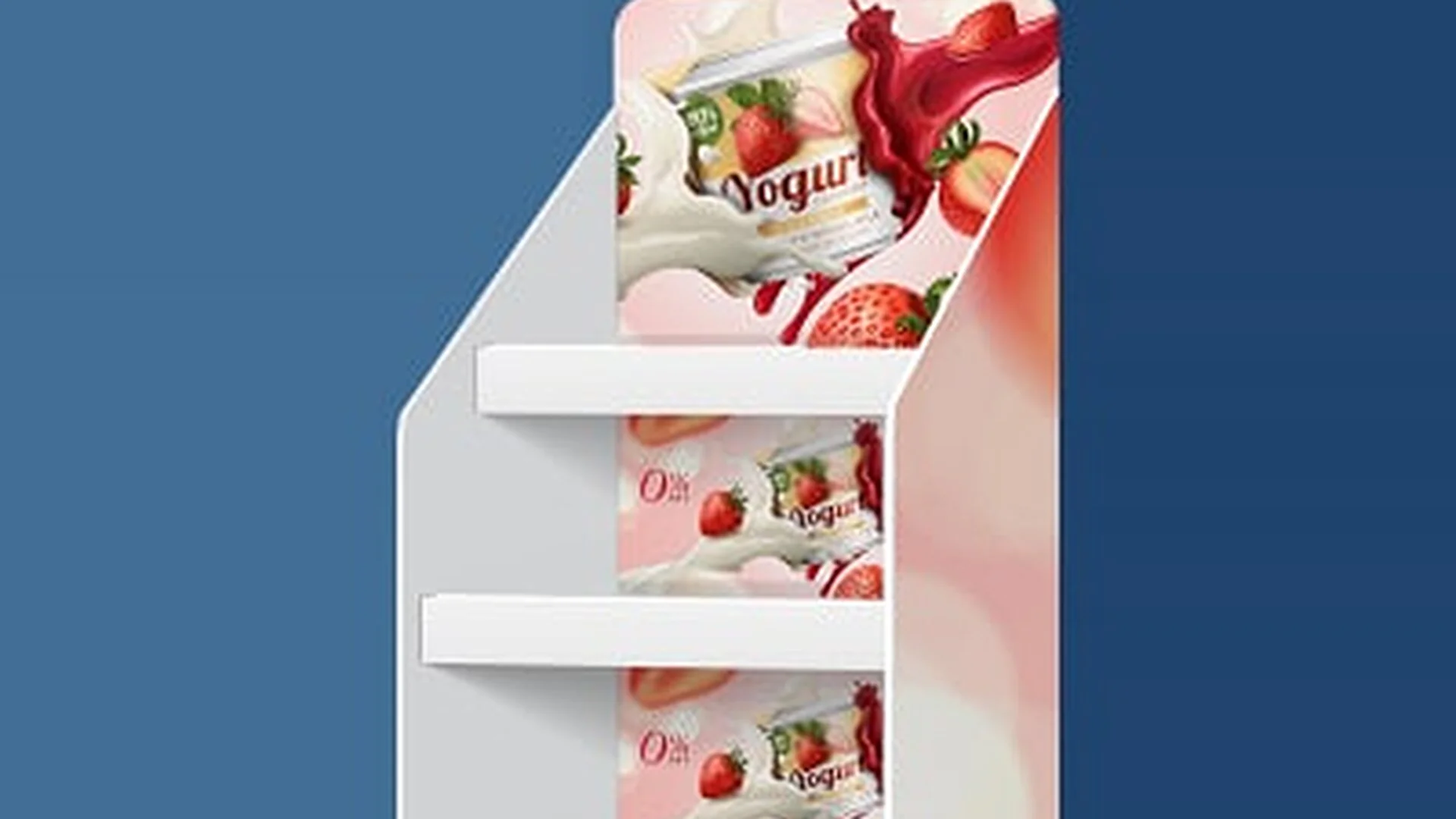 Verkaufsdisplay mit Joghurtverpackungen, Erdbeeren und Milchgrafik auf hellem Hintergrund.